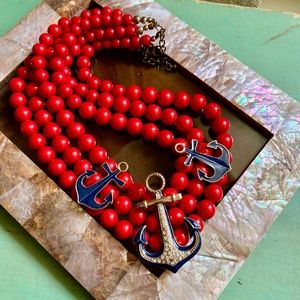 ⚓️FUN Nautical 3 Strand Red Bead & Crystal Anchor Bib Necklace - Red White Blue
